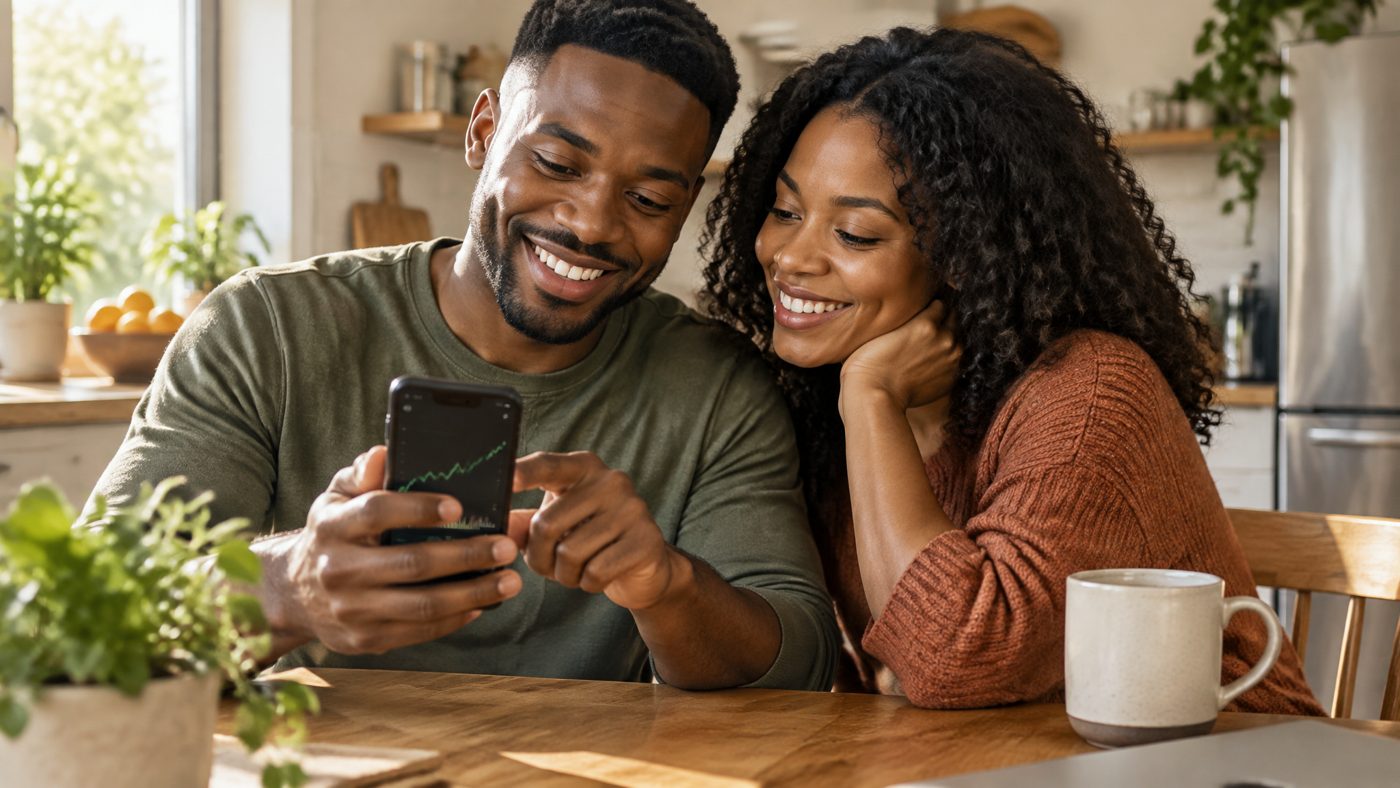 Young Black couple reviewing their investing app together at the kitchen table